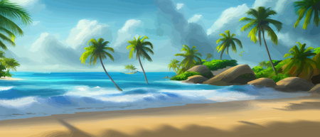 Stunning tropical beach with crystal clear water, palm trees, and blue sky, with copy space. Summer landscapeのイラスト素材