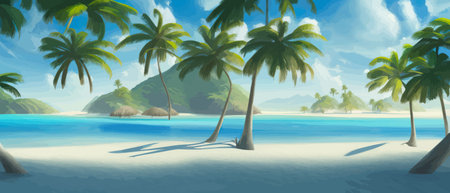 Stunning tropical beach with crystal clear water, palm trees, and blue sky, with copy space. Summer landscapeのイラスト素材