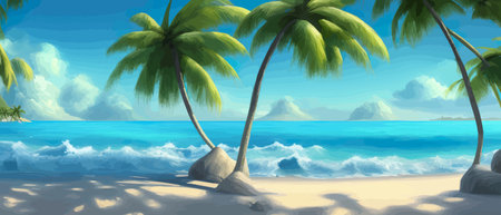 Stunning tropical beach with crystal clear water, palm trees, and blue sky, with copy space. Summer landscapeのイラスト素材
