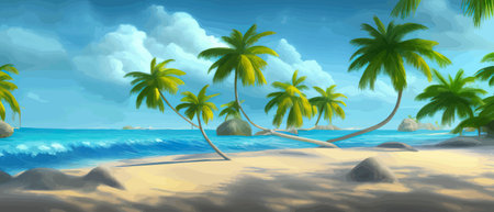 Stunning tropical beach with crystal clear water, palm trees, and blue sky, with copy space. Summer landscapeのイラスト素材