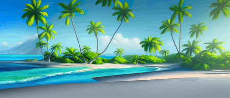Stunning tropical beach with crystal clear water, palm trees, and blue sky, with copy space. Summer landscapeのイラスト素材