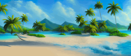 Stunning tropical beach with crystal clear water, palm trees, and blue sky, with copy space. Summer landscapeのイラスト素材