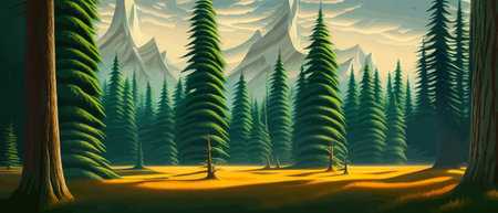 Landscape in scandinavian arctic forest, pine trees and snowy sunset, matte painting vector illustrationのイラスト素材