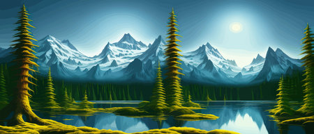 Landscape in scandinavian arctic forest, pine trees and snowy sunset, matte painting vector illustrationのイラスト素材