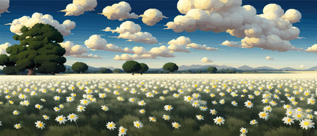 Summer landscape field daisies against backdrop mountains. Wild nature with sky with clouds sunset sun. Wild grassのイラスト素材