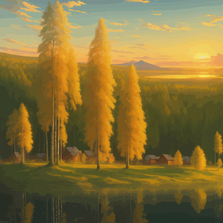Vector illustration Autumn landscape golden alley park of birches near a pond , contemporary art impressionism abstractのイラスト素材