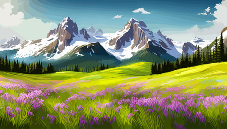 Beautiful fantasy landscape field full of spring, with color, background vector illustration. flowers against backdropのイラスト素材