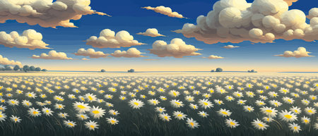 Summer landscape field daisies against backdrop mountains. Wild nature with sky with clouds sunset sun. Wild grassのイラスト素材