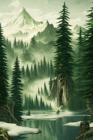 Landscape in scandinavian arctic forest, pine trees and snowy sunset, matte painting vector illustrationのイラスト素材
