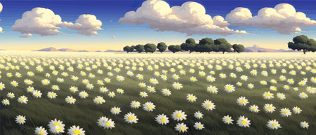 Summer landscape field daisies against backdrop mountains. Wild nature with sky with clouds sunset sun. Wild grassのイラスト素材