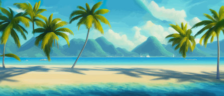 Stunning tropical beach with crystal clear water, palm trees, and blue sky, with copy space. Summer landscapeのイラスト素材