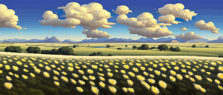 Summer landscape field daisies against backdrop mountains. Wild nature with sky with clouds sunset sun. Wild grassのイラスト素材