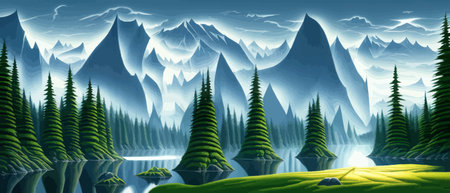Landscape in scandinavian arctic forest, pine trees and snowy sunset, matte painting vector illustrationのイラスト素材