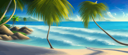 Stunning tropical beach with crystal clear water, palm trees, and blue sky, with copy space. Summer landscapeのイラスト素材