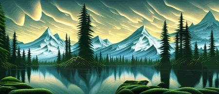 Landscape in scandinavian arctic forest, pine trees and snowy sunset, matte painting vector illustrationのイラスト素材