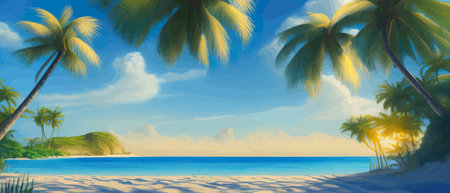 Stunning tropical beach with crystal clear water, palm trees, and blue sky, with copy space. Summer landscapeのイラスト素材