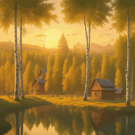 Vector illustration Autumn landscape golden alley park of birches near a pond , contemporary art impressionism abstractのイラスト素材