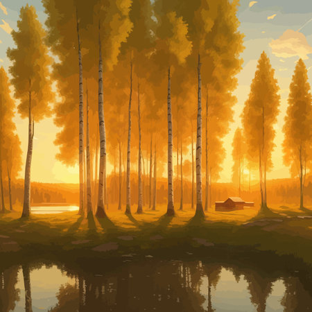 Vector illustration Autumn landscape golden alley park of birches near a pond , contemporary art impressionism abstractのイラスト素材