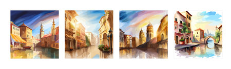 Old town street with water channel Stray vinice background, city landscape view, watercolor drawing, Vector illustration.のイラスト素材