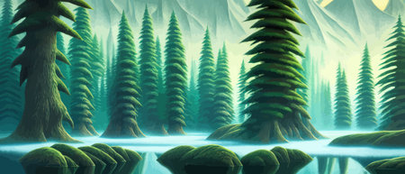 Landscape in scandinavian arctic forest, pine trees and snowy sunset, matte painting vector illustrationのイラスト素材