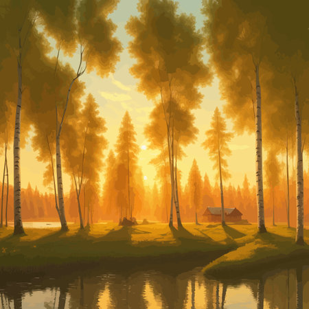 Vector illustration Autumn landscape golden alley park of birches near a pond , contemporary art impressionism abstractのイラスト素材