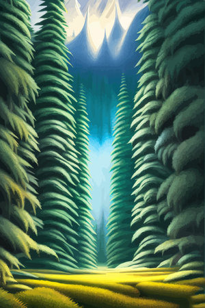 Landscape in scandinavian arctic forest, pine trees and snowy sunset, matte painting vector illustrationのイラスト素材