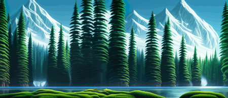 Landscape in scandinavian arctic forest, pine trees and snowy sunset, matte painting vector illustrationのイラスト素材