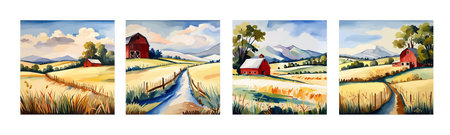 Farm on a hill with yellow or golden wheat field in a watercolor style, agriculture, cultivation, countryside, fieldのイラスト素材