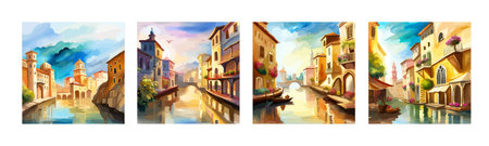 Old town street with water channel Stray vinice background, city landscape view, watercolor drawing, Vector illustration.のイラスト素材