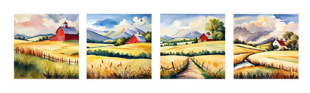 Farm on a hill with yellow or golden wheat field in a watercolor style, agriculture, cultivation, countryside, fieldのイラスト素材