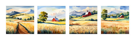 Farm on a hill with yellow or golden wheat field in a watercolor style, agriculture, cultivation, countryside, fieldのイラスト素材