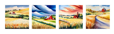 Farm on a hill with yellow or golden wheat field in a watercolor style, agriculture, cultivation, countryside, fieldのイラスト素材