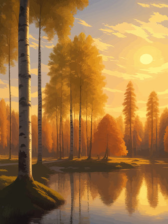 Vector illustration Autumn landscape golden alley park -modern art impressionism abstract landscape, Russian ruralのイラスト素材