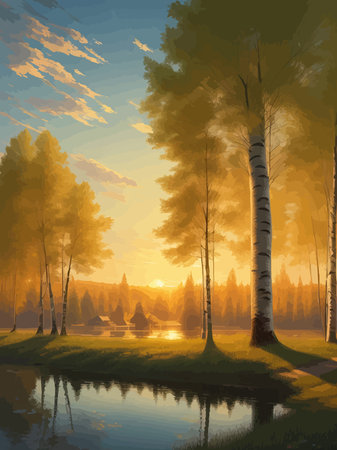 Vector illustration Autumn landscape golden alley park of birches near a pond , contemporary art impressionism abstractのイラスト素材