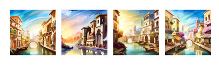 Old town street with water channel Stray vinice background, city landscape view, watercolor drawing, Vector illustration.のイラスト素材