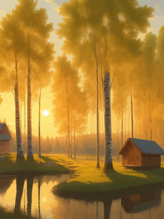 Vector illustration Autumn landscape golden alley park -modern art impressionism abstract landscape, Russian ruralのイラスト素材
