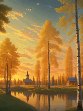 Vector illustration Autumn landscape golden alley park -modern art impressionism abstract landscape, Russian ruralのイラスト素材