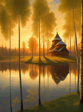 Vector illustration Autumn landscape golden alley park -modern art impressionism abstract landscape, Russian ruralのイラスト素材