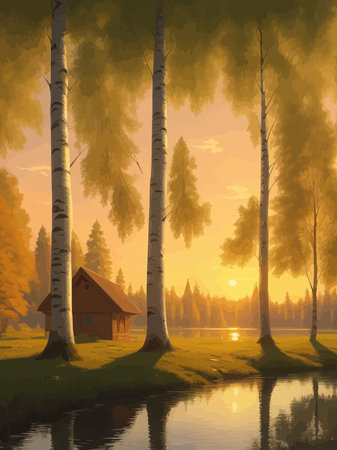 Vector illustration Autumn landscape golden alley park of birches near a pond , contemporary art impressionism abstractのイラスト素材