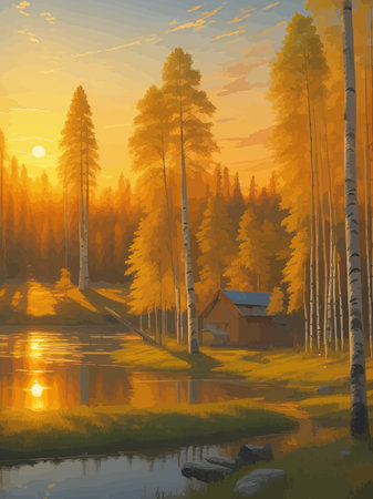 Vector illustration Autumn landscape golden alley park -modern art impressionism abstract landscape, Russian ruralのイラスト素材