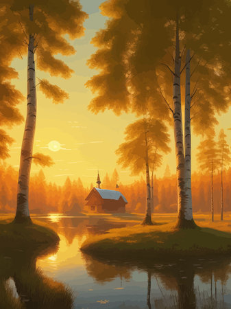 Vector illustration Autumn landscape golden alley park of birches near a pond , contemporary art impressionism abstractのイラスト素材