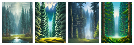Landscape in scandinavian arctic forest, pine trees and snowy sunset, matte painting vector illustrationの写真素材