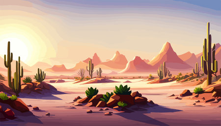 Desert background Summer with sun, sand, clouds, palms Trees Vector design style Nature Landscape.のイラスト素材