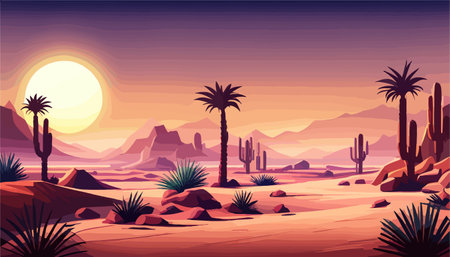 Desert background Summer with sun, sand, clouds, palms Trees Vector design style Nature Landscape.のイラスト素材