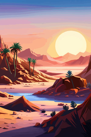 Desert background Summer with sun, sand, clouds, palms Trees Vector design style Nature Landscape.のイラスト素材