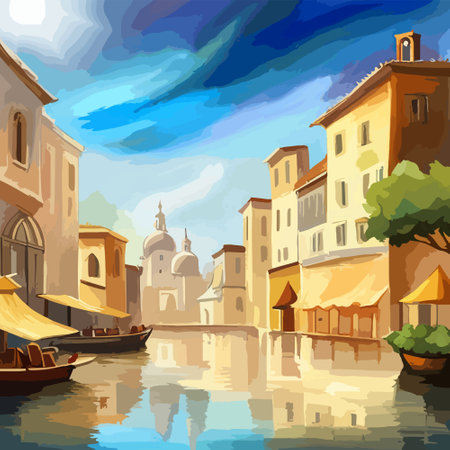 Old town street with water channel Stray vinice background, city landscape view, watercolor drawing, Vector illustration.のイラスト素材