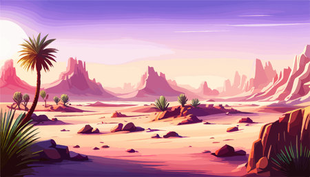 Desert background Summer with sun, sand, clouds, palms Trees Vector design style Nature Landscape.のイラスト素材