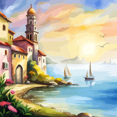 Old town street with water channel Stray vinice background, city landscape view, watercolor drawing, Vector illustration.のイラスト素材