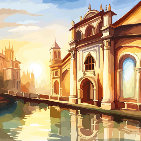 Old town street with water channel Stray vinice background, city landscape view, watercolor drawing, Vector illustration.のイラスト素材