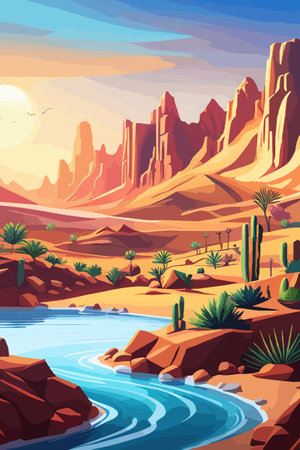 Desert background Summer with sun, sand, clouds, palms Trees Vector design style Nature Landscape.のイラスト素材